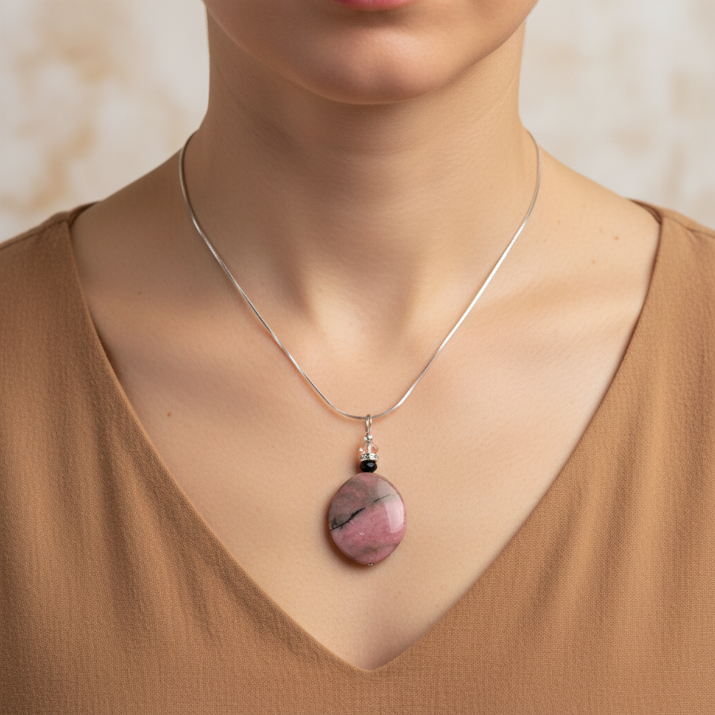 Rhodonite Gemstone Necklace, 20-Inch Silver-Plated Chain