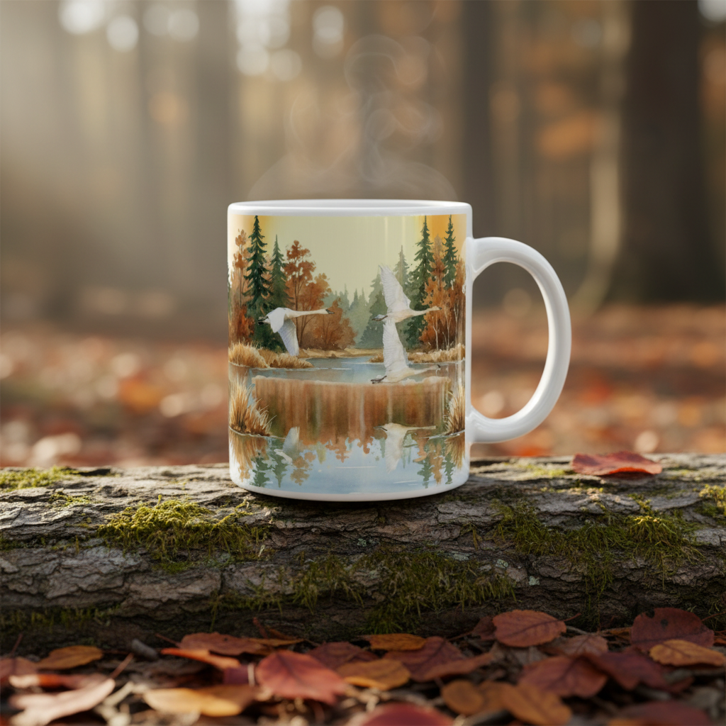 Swans Flying Watercolor Mug – Nature Setting