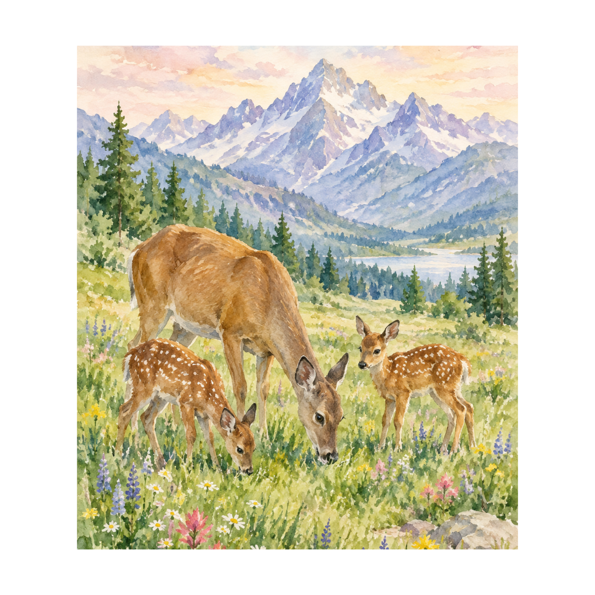 Deer Family Meadow Watercolor Print - AI Wildlife Art, Instant Digital Download, 8x10