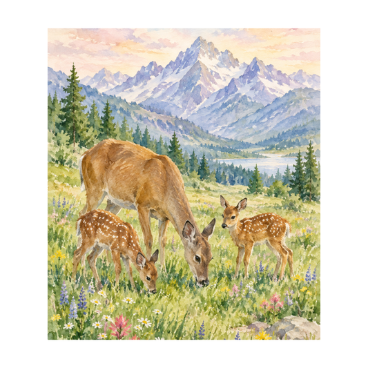Deer Family Meadow Watercolor Print - AI Wildlife Art, Instant Digital Download, 8x10