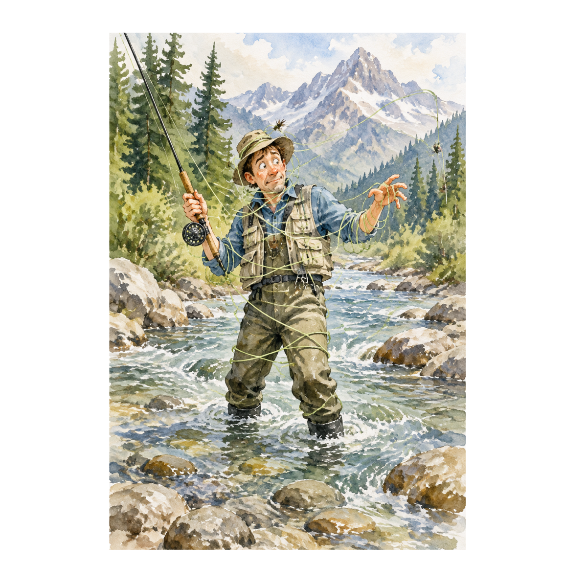 Tangled Fly Fisherman Watercolor Print - AI Wildlife Art, Instant Digital Download, 8x10