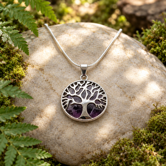 Amethyst Tree of Life pendant in a woodland setting