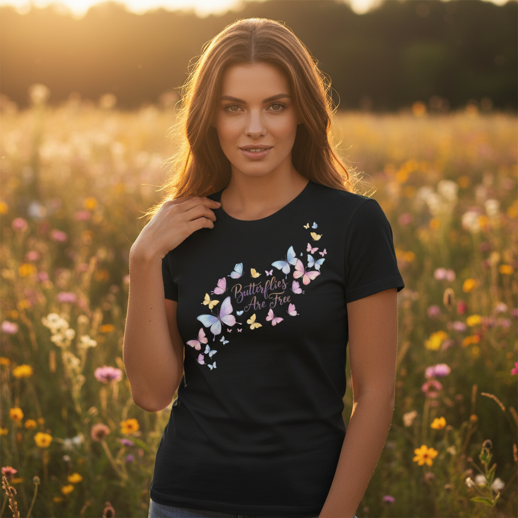 Butterflies Are Free – Black Tee Close Up Ad