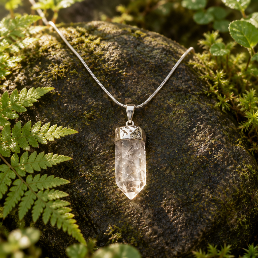 Clear Quartz pendant on a mossy river rock
