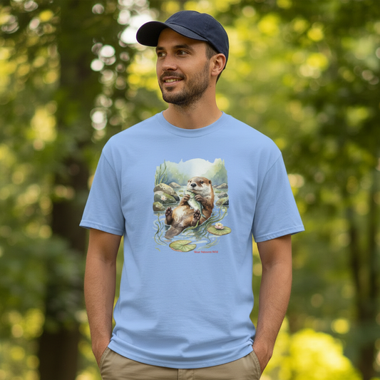 Close-up man wearing otter shirt with baseball cap