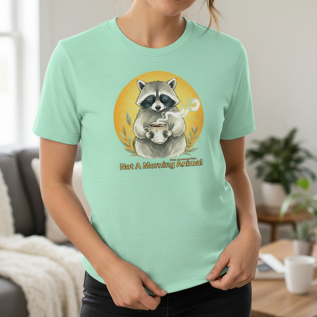 Close-Up Woman in Heather Mint Raccoon Tee