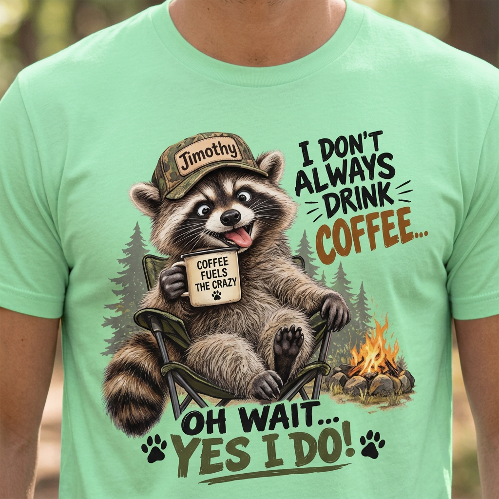 Closer view of the raccoon coffee T-shirt on a male model