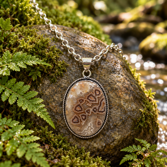 Crazy lace agate necklace in a beautiful woodland setting