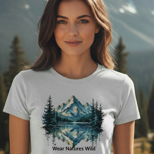 Female hiker sport grey tee with Wear Natures Wild text