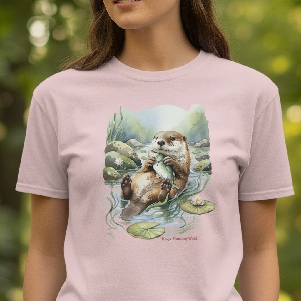 Female Model Closer Crop – River Otter Pink Tee