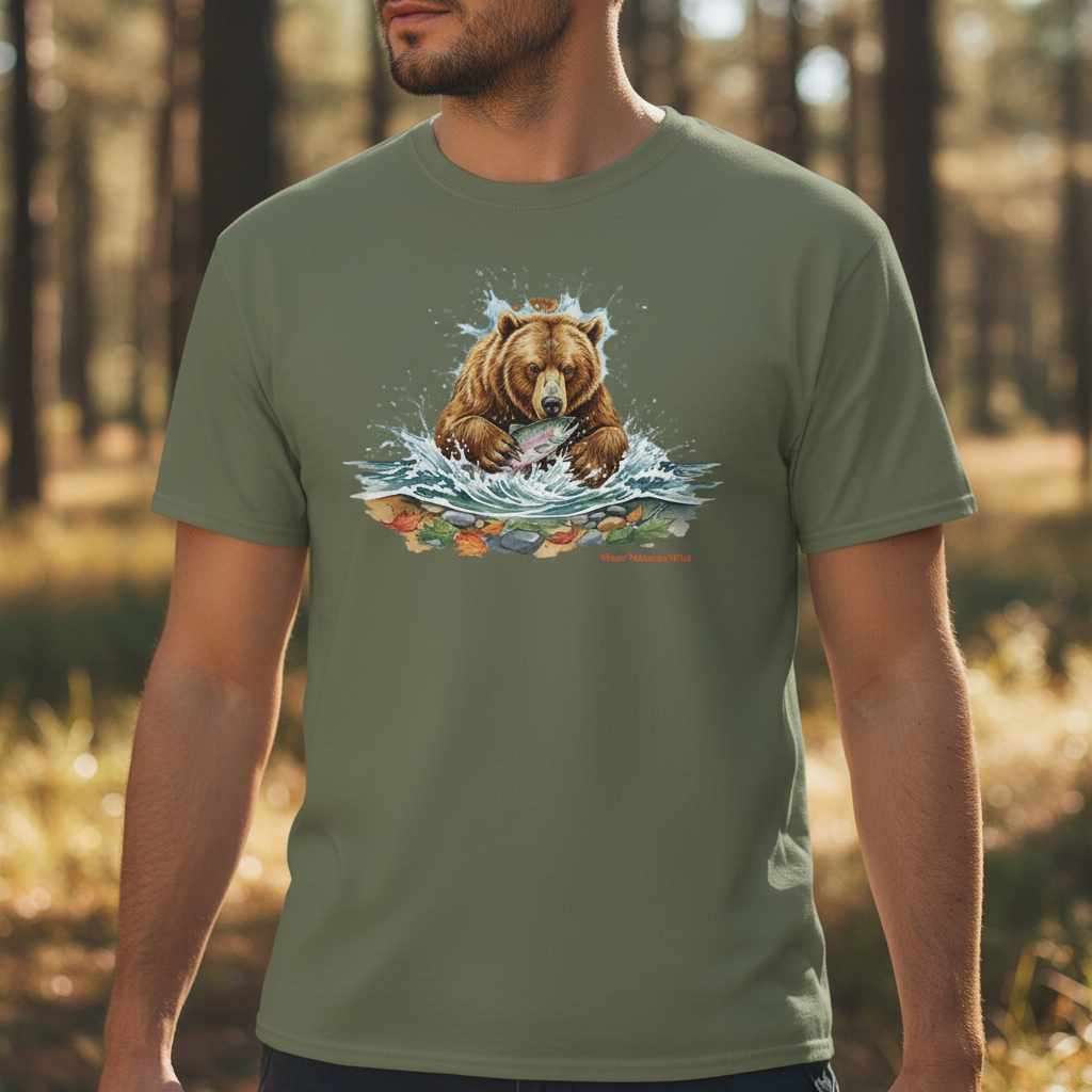 Grizzly Bear Fishing T-Shirt Man Close-Up Square