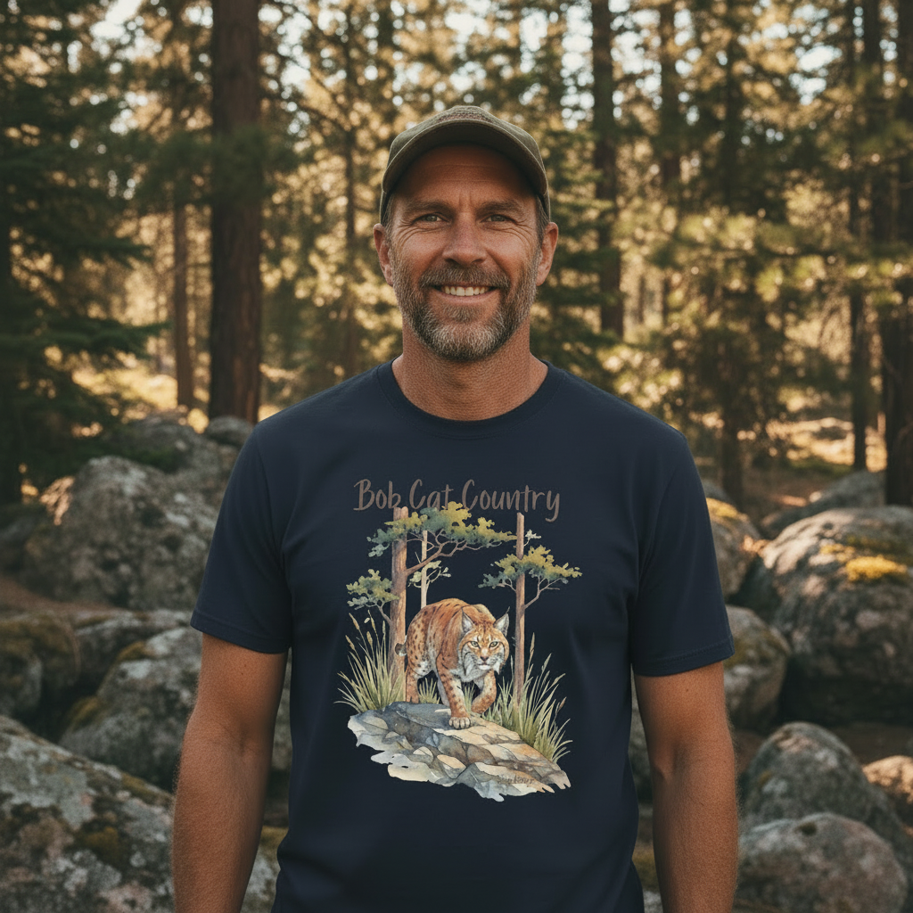 Smiling outdoor model wearing the Bob Cat Country bobcat watercolor T-shirt in a rocky forest setting
