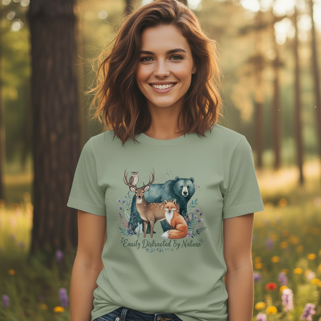 Head-to-waist close-up of a model wearing the Easily Distracted By Nature animal watercolor T-shirt in a sunlit woodland