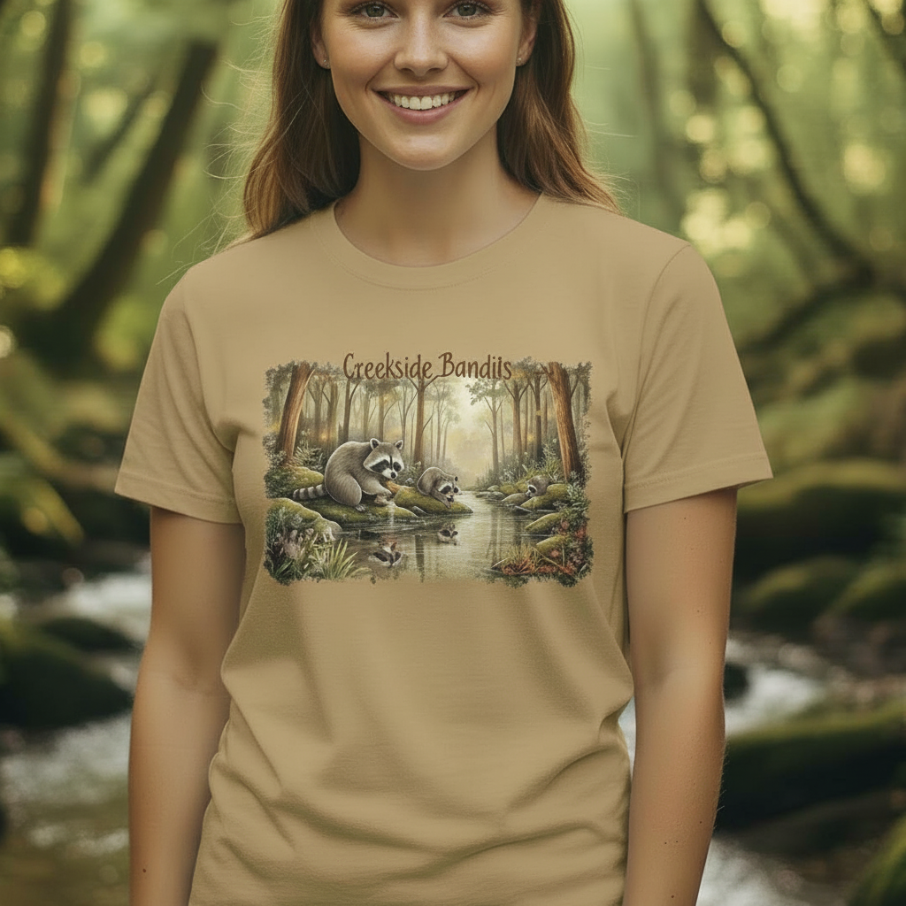 Closer square mockup of the tan Creekside Bandits raccoon watercolor T-shirt with the design in focus