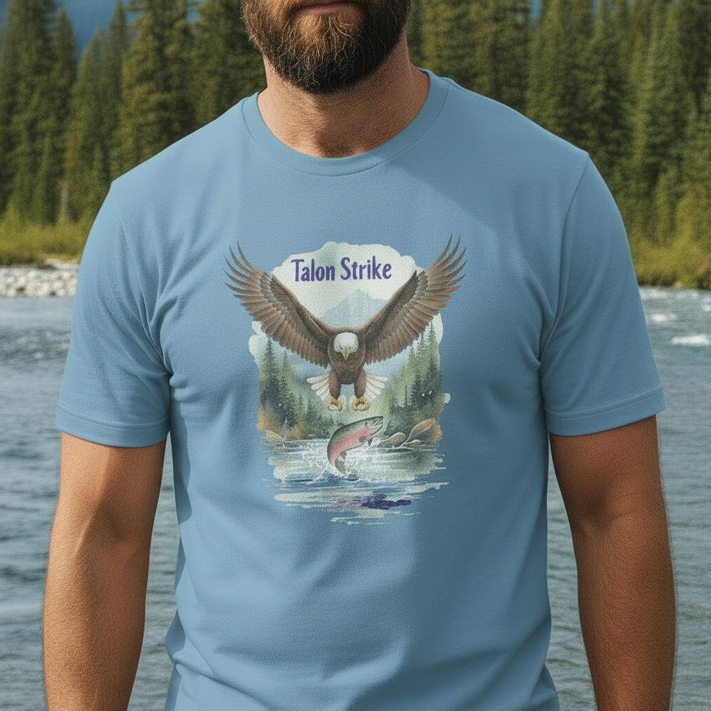 Close shirt-focused mockup of the Talon Strike bald eagle watercolor design on a light blue T-shirt