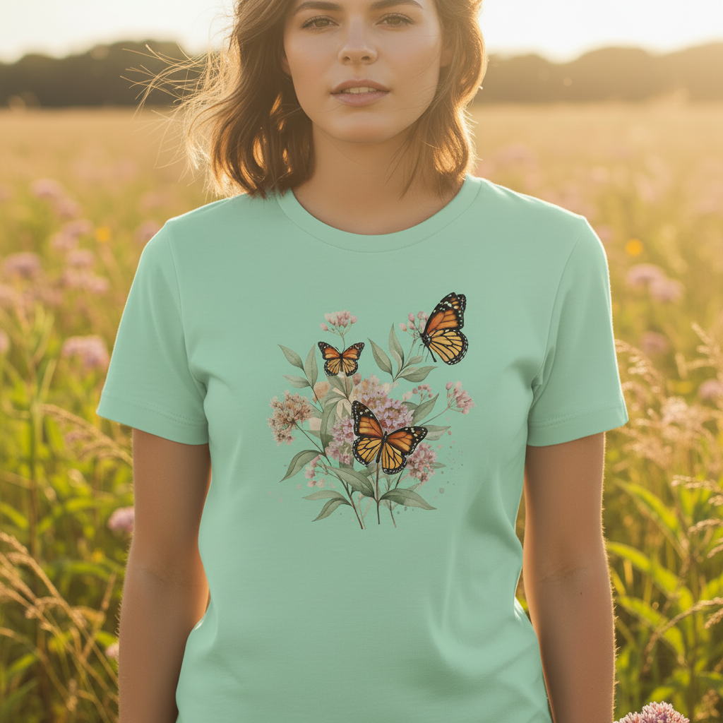 Close-up shirt-focused mockup of a mint-green Monarch butterfly watercolor T-shirt with no lower body visible