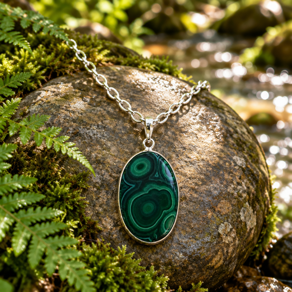 Malachite necklace in a beautiful woodland setting