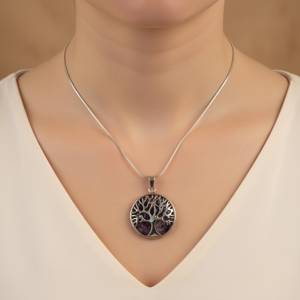 Model wearing the Amethyst Tree of Life necklace