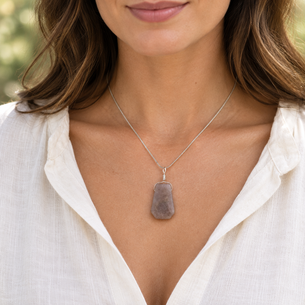 Model wearing the Madagascar Rose Quartz necklace