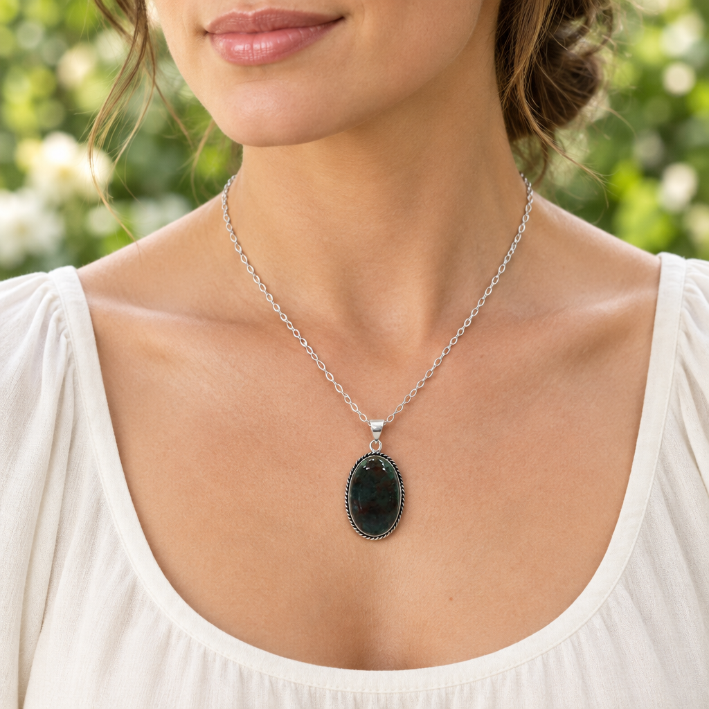 Oval gemstone necklace worn by a model