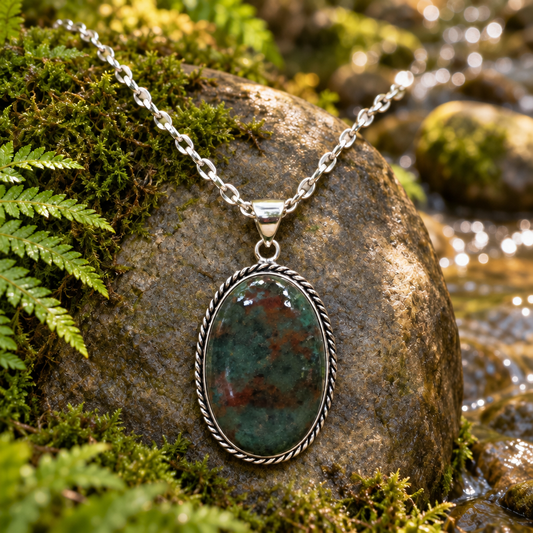 Pendant in a nature setting with brighter lighting to reveal reds and greens