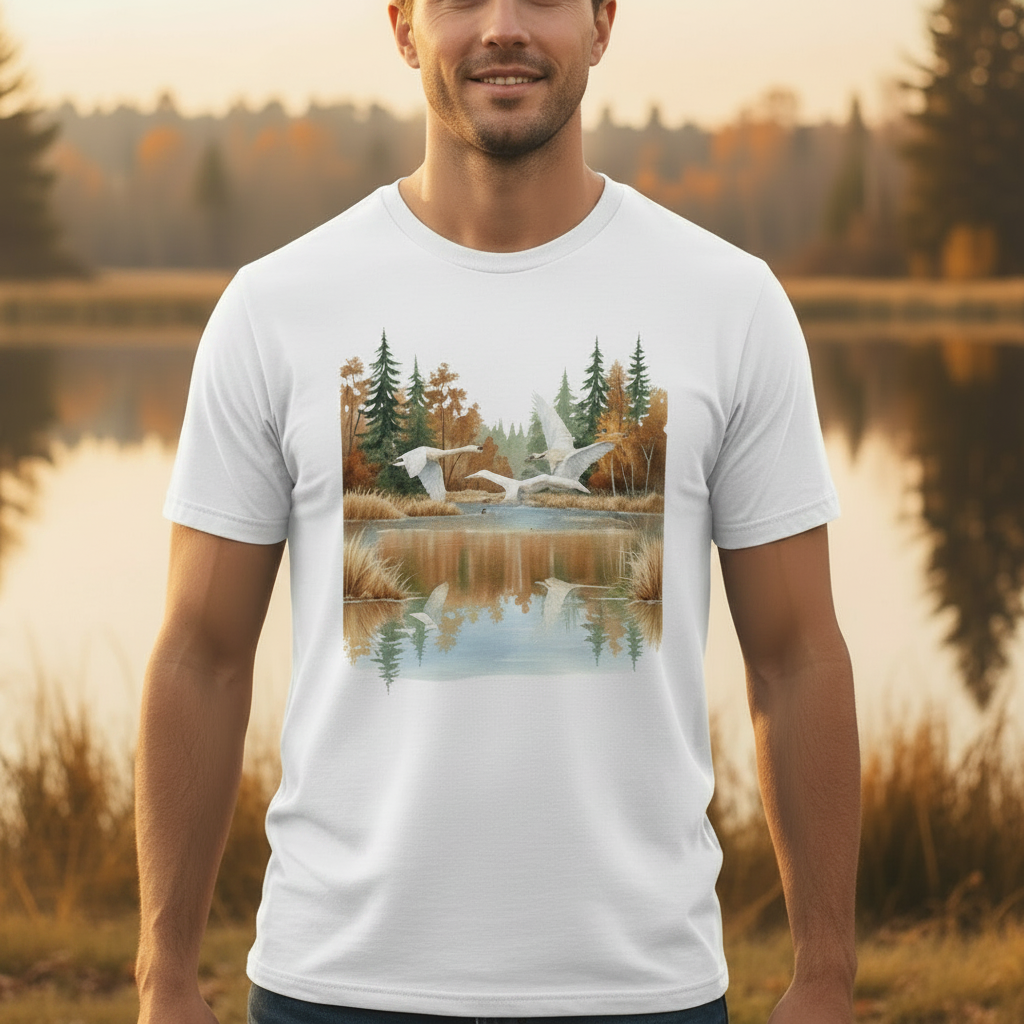 Swans in Flight T-Shirt - Chest Close-Up