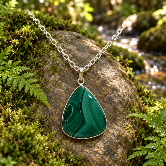 Teardrop malachite necklace in a woodland setting