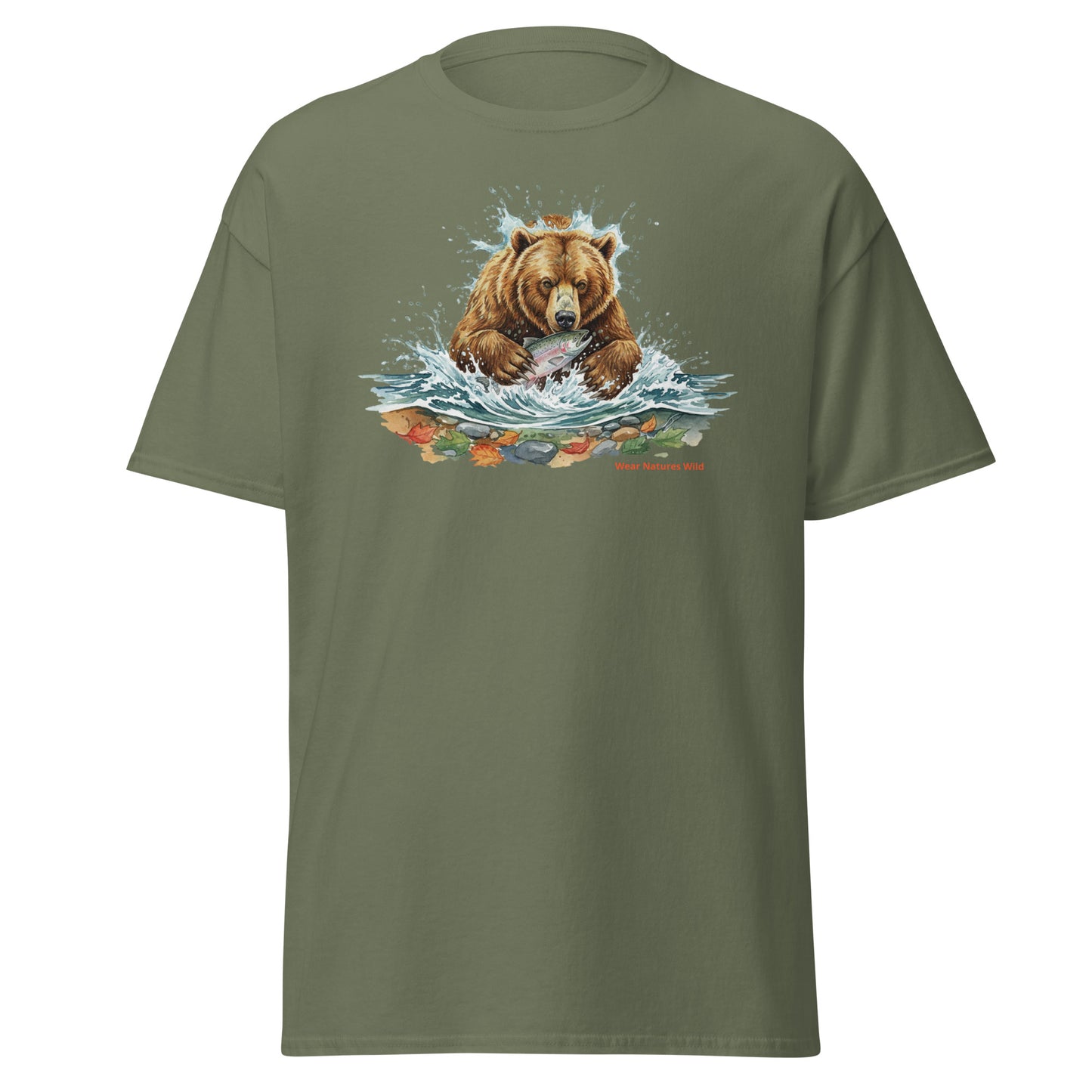 Grizzly Bear Fishing T-Shirt | Salmon Catch Wildlife Art Tee | Wear Nature's Wild