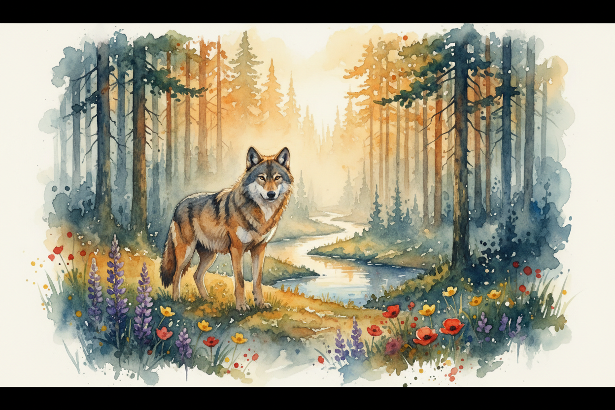 Watercolor Wolf Wildlife Scene