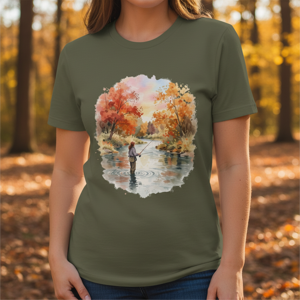 Woman fly fishing tee close-up mockup