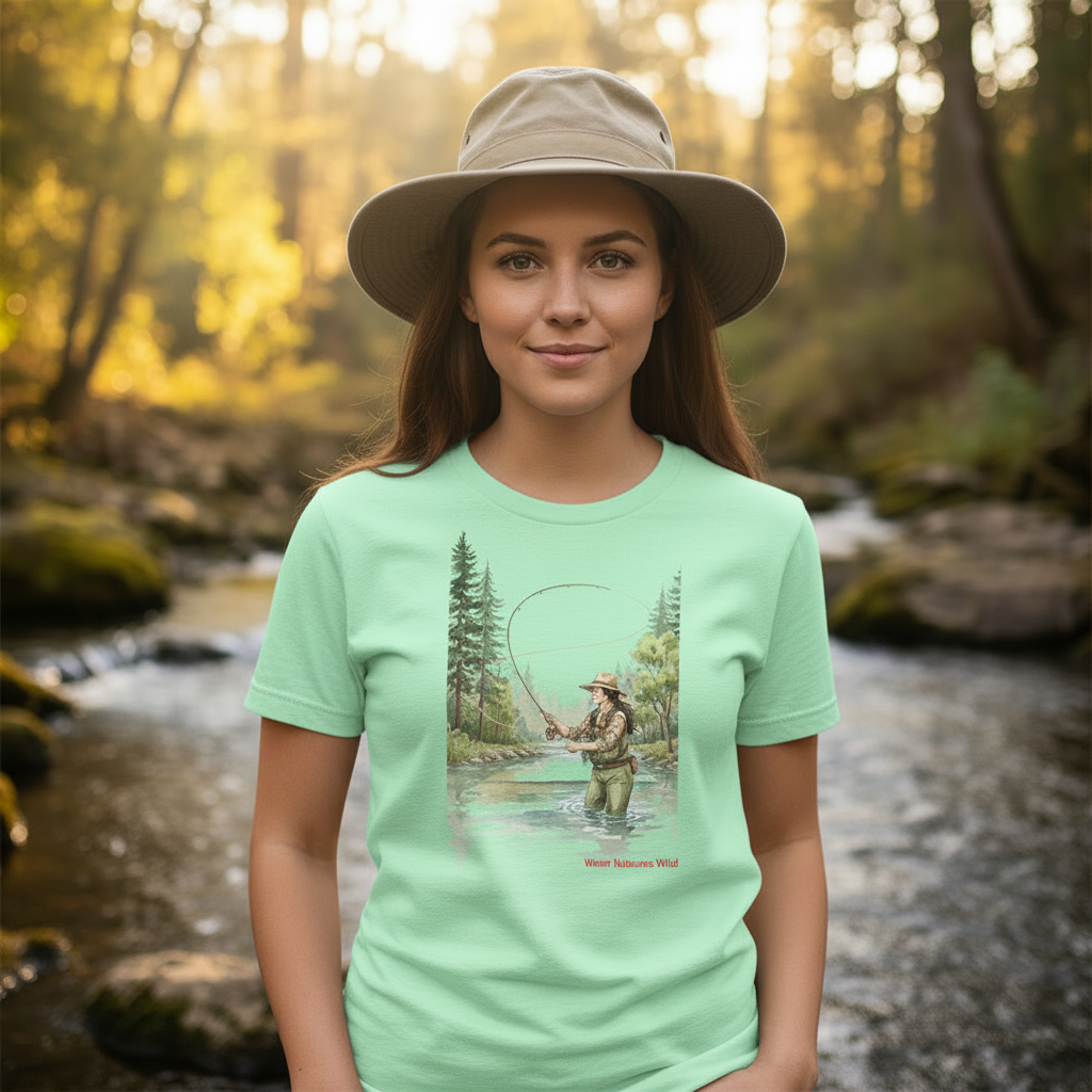 Woman in Mint Tee with Fishing Hat