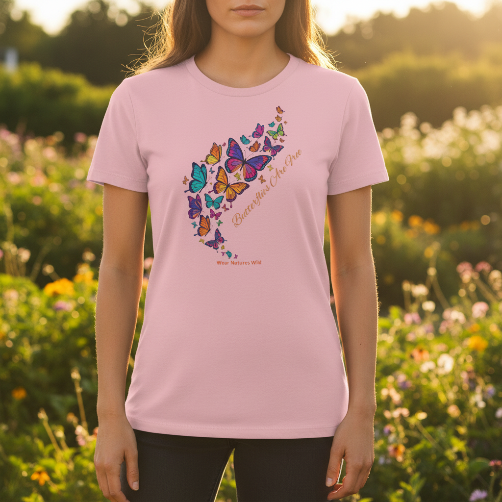 Woman wearing Butterflies Are Free T-Shirt