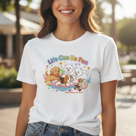 Woman wearing Puppies and Kittens T-Shirt