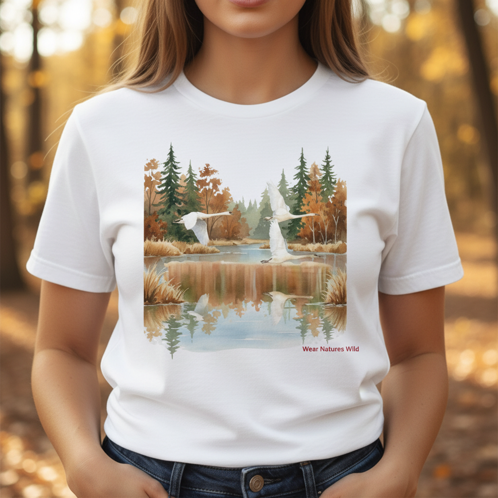 Woman wearing Swans in Flight tee close-up